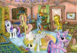 Size: 2001x1380 | Tagged: safe, artist:holyandrew, applejack, derpy hooves, dinky hooves, fluttershy, pinkie pie, rainbow dash, rarity, spike, twilight sparkle, pegasus, pony, g4, female, interior, mane seven, mare