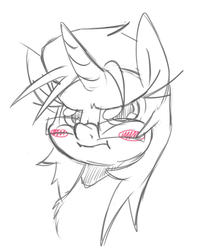 Size: 1280x1584 | Tagged: dead source, safe, artist:leadhooves, oc, oc only, oc:kneaded rubber, pony, blushing, glasses, monochrome, sketch, solo