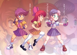 Size: 1512x1080 | Tagged: safe, artist:agu-fungus, apple bloom, scootaloo, sweetie belle, human, g4, bow, clothes, converse, cute, cutie mark crusaders, digital art, fighting gloves, fighting stance, gloves, green eyes, hair bow, humanized, japanese, long hair, martial arts, mary janes, miniskirt, purple eyes, school uniform, schoolgirl, shoes, short hair, skirt, sneakers, socks, thigh highs, thigh socks, zettai ryouiki