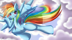 Size: 1920x1079 | Tagged: safe, artist:knifeh, rainbow dash, pegasus, pony, g4, cloud, eyes open, female, flying, mare, smiling, solo, wings