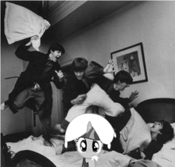 Size: 400x382 | Tagged: safe, artist:deistar, twilight sparkle, human, g4, george harrison, irl, john lennon, paul mccartney, photo, pillow, pillow fight, pillow hat, ringo starr, the beatles