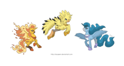 Size: 1280x687 | Tagged: safe, artist:almairis, articuno, moltres, zapdos, crossover, ethereal mane, fiery wings, legendary pokémon, mane of fire, pokémon, ponymon, simple background, spread wings, transparent background, trio, wings