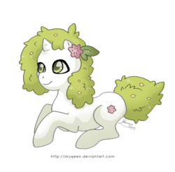 Size: 600x590 | Tagged: safe, artist:almairis, plant pony, pony, shaymin, crossover, flower, flower in hair, genderless, land forme, pokémon, ponified, ponymon, prone, simple background, solo, transparent background