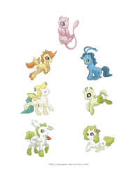 Size: 1280x1631 | Tagged: safe, artist:almairis, celebi, jirachi, manaphy, mew, pony, shaymin, victini, crossover, genderless, land forme, legendary pokémon, pokémon, ponified, ponymon, simple background, sky forme, transparent background