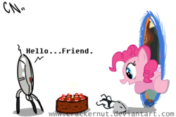 Size: 900x600 | Tagged: safe, artist:crackernut, pinkie pie, earth pony, pony, g4, black forest cake, cake, portal, portal (valve), portal gun