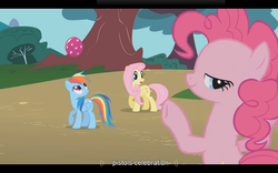 Size: 1024x640 | Tagged: safe, screencap, fluttershy, pinkie pie, rainbow dash, dragonshy, g4, youtube caption