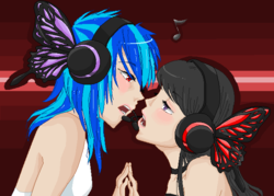 Size: 650x465 | Tagged: dead source, safe, artist:zeldagirl4287, dj pon-3, octavia melody, vinyl scratch, butterfly, human, g4, duo, female, humanized, lesbian, magnet (vocaloid), ship:scratchtavia, shipping, song reference, vocaloid