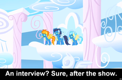 Size: 1024x672 | Tagged: safe, misty fly, soarin', spitfire, comic:celestia's servant interview, g4, caption, interview, meta, wonderbolts, wonderbolts uniform