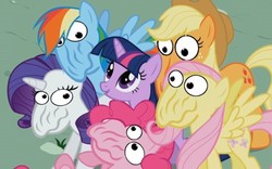 Size: 500x312 | Tagged: safe, edit, edited screencap, screencap, applejack, fluttershy, pinkie pie, rainbow dash, rarity, twilight sparkle, g4, mane six, wat