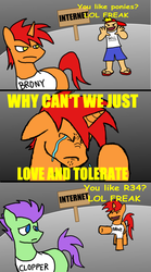 Size: 700x1260 | Tagged: safe, artist:equinox23, oc, oc only, earth pony, pony, unicorn, brony, clopper, comic, crying, hypocrisy, male, stallion