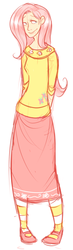 Size: 268x912 | Tagged: safe, artist:bechnokid, fluttershy, human, g4, clothes, female, flattershy, humanized, long skirt, shoes, simple background, skinny, skirt, smiling, solo, sweater, sweatershy, thin, white background