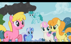Size: 1024x640 | Tagged: safe, screencap, carrot top, cherry berry, golden harvest, minuette, spring melody, sprinkle medley, twinkleshine, earth pony, pegasus, pony, unicorn, dragonshy, g4, strippers, youtube caption