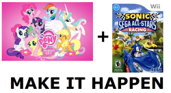 Size: 1028x564 | Tagged: safe, applejack, fluttershy, pinkie pie, princess celestia, rainbow dash, rarity, spike, twilight sparkle, alicorn, dragon, earth pony, pegasus, unicorn, g4, all caps, e rating, esrb, exploitable meme, female, make it happen, male, mane seven, mane six, mare, meme, meta, sega, sonic & sega all-stars racing, sonic the hedgehog, sonic the hedgehog (series)