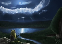 Size: 1000x720 | Tagged: dead source, safe, artist:rublegun, derpy hooves, pegasus, pony, g4, cloud, cloudy, crepuscular rays, female, lake, mare, moon, night, solo