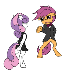 Size: 900x1011 | Tagged: safe, artist:linnyillustrates, scootaloo, sweetie belle, pegasus, pony, unicorn, g4, bipedal, clothes, dress, female, filly, foal, lesbian, ship:scootabelle, shipping, simple background, suit, suitaloo, transparent background