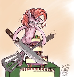 Size: 1397x1440 | Tagged: safe, artist:kvernikovskiy, pinkie pie, g4, cake, knife, serious face