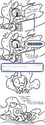 Size: 650x1800 | Tagged: dead source, safe, artist:alfa995, nightmare moon, g4, computer, frown, gritted teeth, laptop computer, lineart, monochrome, prone, reverse psychology, scared, smiling, tumblr, wat, wide eyes