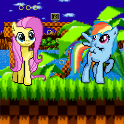 Size: 400x400 | Tagged: dead source, safe, artist:darksupasonic, fluttershy, g4, crossover, green hill zone, pixel art, sonic generations, sonic the hedgehog (series)