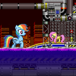 Size: 400x400 | Tagged: safe, artist:darksupasonic, fluttershy, rainbow dash, g4, chemical plant zone, miles "tails" prower, pixel art, sonic generations, sonic the hedgehog, sonic the hedgehog (series), sonic the hedgehog 2