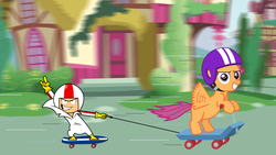 Size: 1920x1080 | Tagged: safe, artist:jezendar, scootaloo, human, pegasus, pony, g4, crossover, female, filly, kick buttowski, kick buttowski suburban daredevil, male, scooter, skateboard