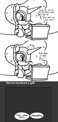 Size: 650x1350 | Tagged: safe, nightmare moon, g4, 3 panel comic, bust, comic, computer, hoof on chin, laptop computer, lineart, monochrome, simple background, sitting, solo, template, white background