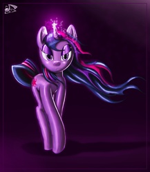 Size: 1043x1200 | Tagged: dead source, safe, artist:musicalgenius, twilight sparkle, pony, unicorn, g4, female, frown, glowing horn, horn, lidded eyes, looking at you, mare, solo, unicorn twilight