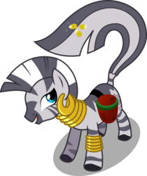 Size: 730x867 | Tagged: safe, artist:canon-lb, zecora, pony, zebra, g4, ear piercing, earring, female, high angle, jewelry, leg rings, mare, neck rings, piercing, saddle bag, seeds of truth, simple background, solo, tail hold, transparent background, vector