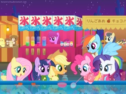 Size: 1600x1200 | Tagged: safe, artist:baraniruchu, applejack, berry punch, berryshine, bon bon, fluttershy, pinkie pie, rainbow dash, rarity, sweetie drops, twilight sparkle, earth pony, goldfish, pegasus, pony, unicorn, g4, female, japan, japanese, kimono (clothing), mane six, mare, matsuri, teddy bear, unicorn twilight, vector, yukata