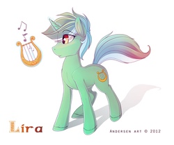 Size: 1932x1614 | Tagged: dead source, safe, artist:antiander, lyra heartstrings, pony, unicorn, g4, female, lyre, magic, music notes, solo, telekinesis