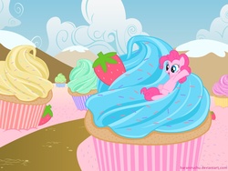 Size: 1600x1200 | Tagged: safe, artist:baraniruchu, pinkie pie, earth pony, pony, g4, cupcake, female, food, mare, micro, open mouth, solo, sprinkles, strawberry, vector