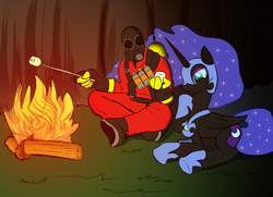 Size: 1240x900 | Tagged: safe, artist:kidkaizer, nightmare moon, human, g4, campfire, crossover, duo, marshmallow, pyro (tf2), team fortress 2