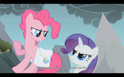 Size: 1024x640 | Tagged: safe, screencap, pinkie pie, rarity, dragonshy, g4, youtube caption