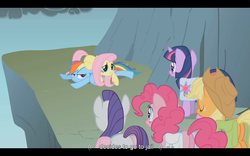 Size: 1024x640 | Tagged: safe, screencap, applejack, fluttershy, pinkie pie, rarity, twilight sparkle, dragonshy, g4, youtube caption