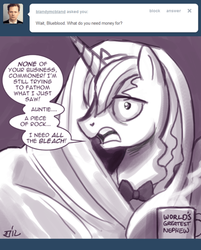 Size: 500x623 | Tagged: safe, artist:johnjoseco, prince blueblood, pony, unicorn, ask princess molestia, g4, blanket, bowtie, dialogue, horn, looking at you, male, monochrome, mug, open mouth, signature, speech bubble, stallion, talking, tumblr