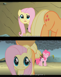 Size: 1024x1280 | Tagged: safe, screencap, applejack, fluttershy, pinkie pie, dragonshy, g4, youtube caption