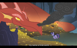 Size: 1024x640 | Tagged: safe, screencap, basil, twilight sparkle, dragon, dragonshy, g4, my little pony: friendship is magic, finite world, twilight alias, youtube caption