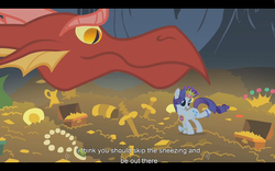 Size: 1024x640 | Tagged: safe, edit, edited screencap, screencap, basil, rarity, dragon, pony, dragonshy, g4, my little pony: friendship is magic, caption, female, mare, text, youtube caption