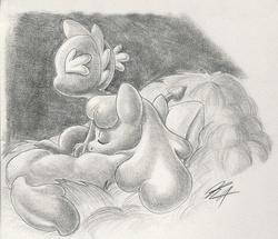 Size: 769x661 | Tagged: safe, artist:rannva, apple bloom, spike, dragon, earth pony, pony, g4, cute, duo, female, filly, grayscale, hay, hay bale, male, monochrome, pencil drawing, pillow, ship:spikebloom, shipping, sleeping, straight, traditional art