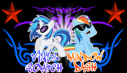 Size: 900x514 | Tagged: safe, artist:thaddeusc, dj pon-3, rainbow dash, vinyl scratch, g4, stars, sunglasses, wallpaper