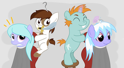 Size: 1260x689 | Tagged: safe, artist:hip-indeed, cloudchaser, flitter, pipsqueak, snips, earth pony, pegasus, pony, unicorn, g4, colt, female, foal, haircut, horn, male, mare, scissors, sword, this will end in tears