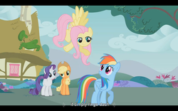 Size: 1024x640 | Tagged: safe, screencap, applejack, fluttershy, rainbow dash, rarity, dragonshy, g4, my little pony: friendship is magic, the beatles, youtube caption