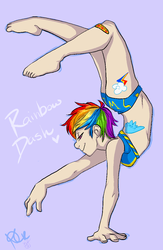 Size: 764x1170 | Tagged: safe, artist:collaredginger, artist:yeffyaboyuice, rainbow dash, human, g4, backbend, bikini, clothes, colored, contortionist, female, flexible, handstand, humanized, short hair, solo, swimsuit, upside down, wonderbolts swimsuit