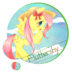 Size: 1500x1500 | Tagged: safe, artist:ino, fluttershy, pegasus, pony, g4, bow, flying, hair bow, hat, pixiv, straw hat, sun hat