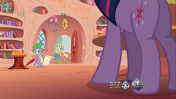 Size: 1280x720 | Tagged: safe, screencap, spike, twilight sparkle, dragon, pony, g4, butt, female, male, mare, plot, quill