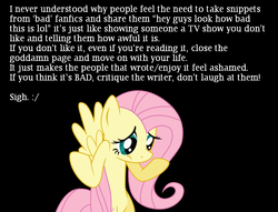 Size: 625x477 | Tagged: safe, fluttershy, pony, g4, fanfic, female, meta, rant, shrug, solo, text