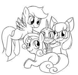 Size: 500x483 | Tagged: safe, artist:mewball, apple bloom, scootaloo, spike, sweetie belle, g4, cutie mark crusaders, monochrome
