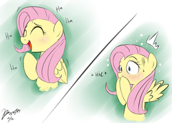 Size: 1000x720 | Tagged: safe, artist:celine-artnsfw, fluttershy, pegasus, pony, g4, blushing, comic, cute, daaaaaaaaaaaw, dialogue, embarrassed, eyes closed, female, hiccup, laughing, lowres, mare, moe, onomatopoeia, open mouth, shyabetes, signature, solo