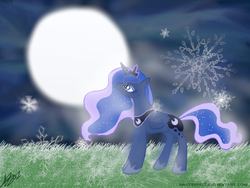 Size: 1000x750 | Tagged: safe, artist:masterpie7, princess luna, pony, g4, female, moon, snow, snowfall, snowflake, solo