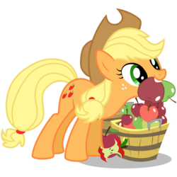 Size: 3000x3000 | Tagged: safe, artist:sunley, applejack (g1), earth pony, pony, g1, g4, apple, apple core, applejack's hat, basket, cowboy hat, cute, female, g1 jackabetes, g1 to g4, generation leap, hat, high res, leaning forward, mare, mouth hold, simple background, solo, that pony sure does love apples, transparent background, vector