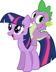 Size: 5560x7160 | Tagged: safe, artist:almostfictional, spike, twilight sparkle, dragon, pony, unicorn, g4, absurd resolution, dragons riding ponies, happy, riding, simple background, spike riding twilight, transparent background, unicorn twilight, vector, waving